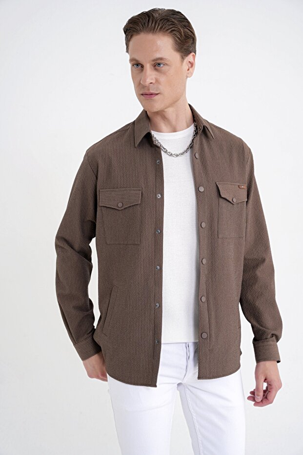 Comfort Fit Side Pocketed Flexible Thin Striped Camel Shirt Jacket g 1608