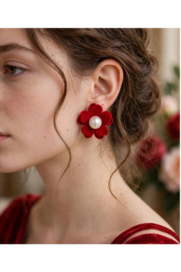 Red Velvet Flower Earrings - Medium with Pearls - Velvet Pearl Flower Gift