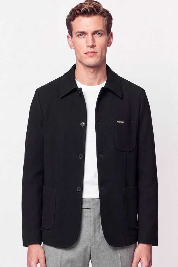 Comfort Fit Knitted Textured Pocket Buttoned Black Seasonal Shirt Jacket C 732