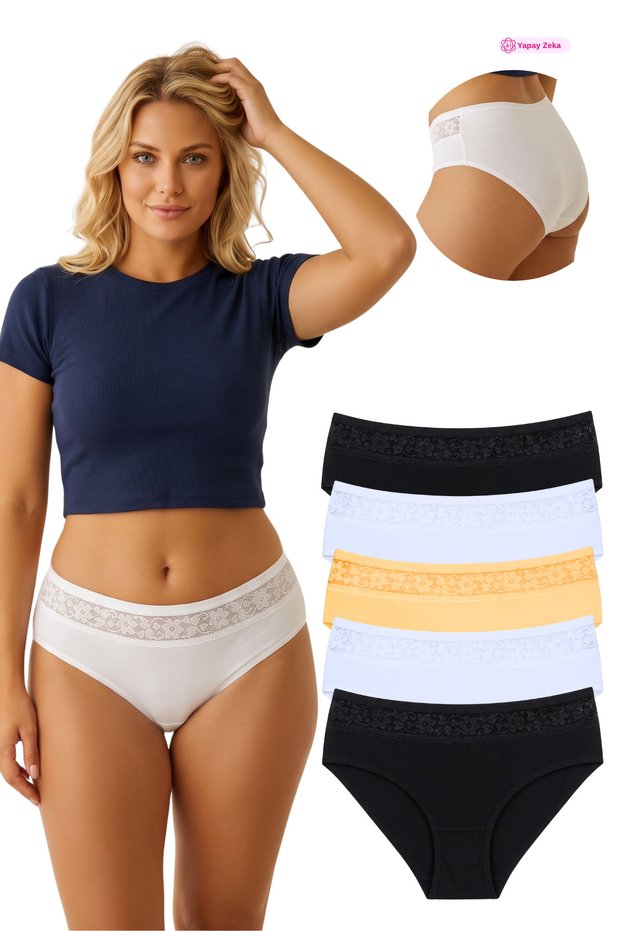 1016 Women's White Black Skin 5-Piece Daily Use Thick Edge Lace Panties V13
