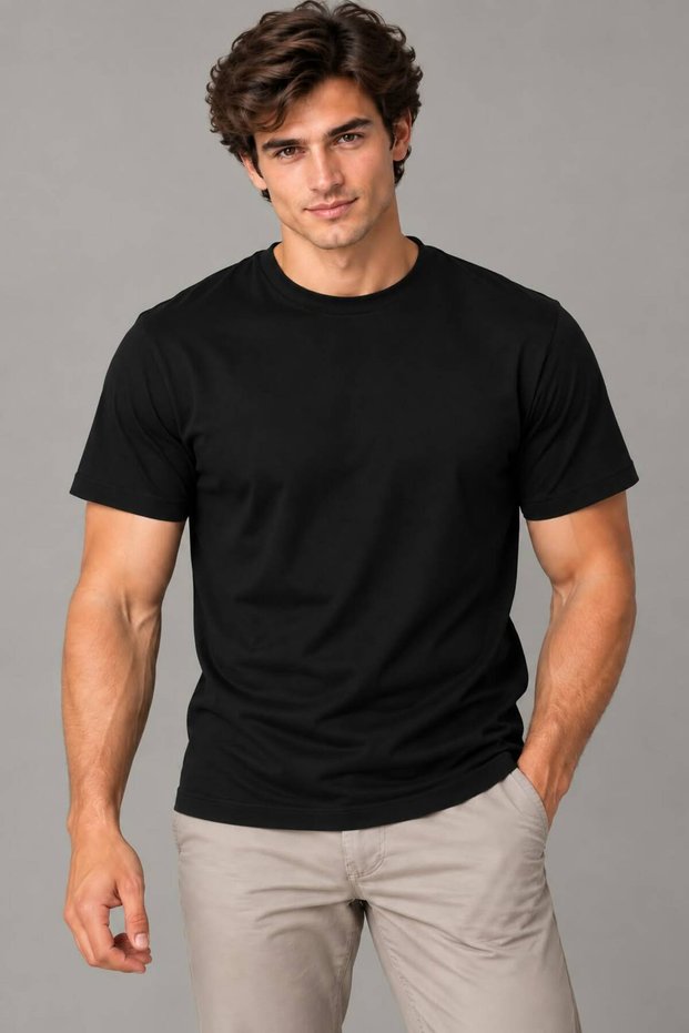 Men's Black Color 100% Cotton Soft Textured Slim Fit Crew Neck Basic T-Shirt