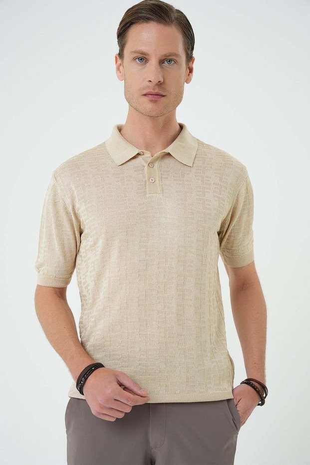 Comfort Fit Polo Neck Cotton Short Sleeve Casual Beige Knitwear T-Shirt Tr 880