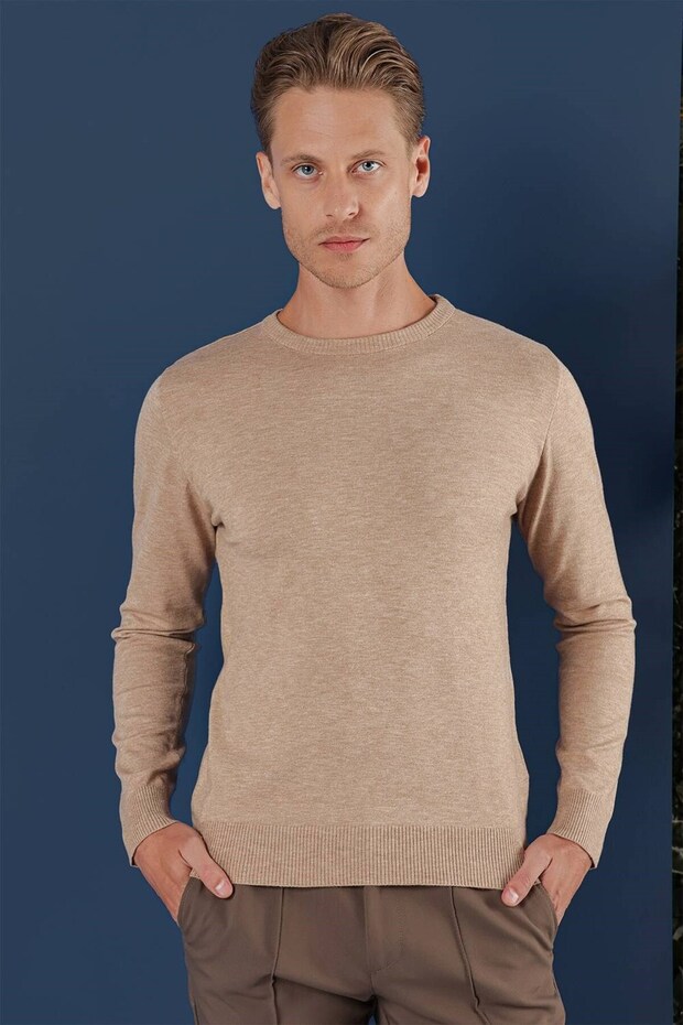 Slim Fit Ribbed Plain Beige Wool Crew Neck Knitwear Sweater Tr 858