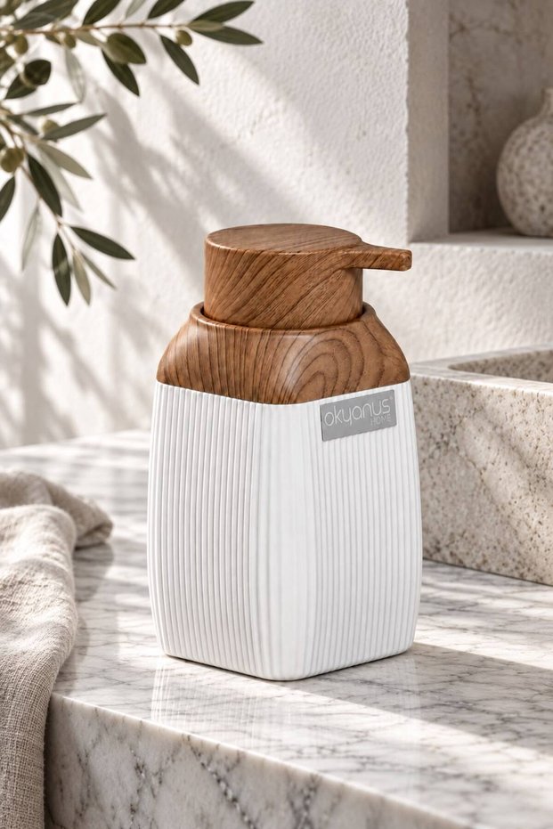 Wooden Patterned White Striped Square Liquid Soap Dispenser