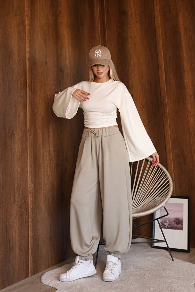 Modal Fabric Elastic Waist Shalwar Trousers Beige