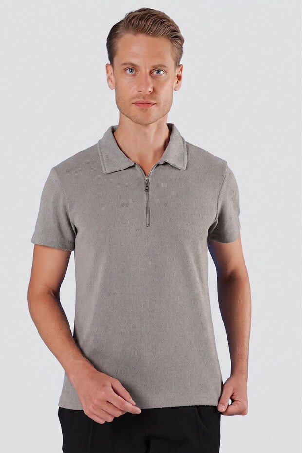 Slim Fit Cotton Zippered Polo Collar Gray T-Shirt Ts 871