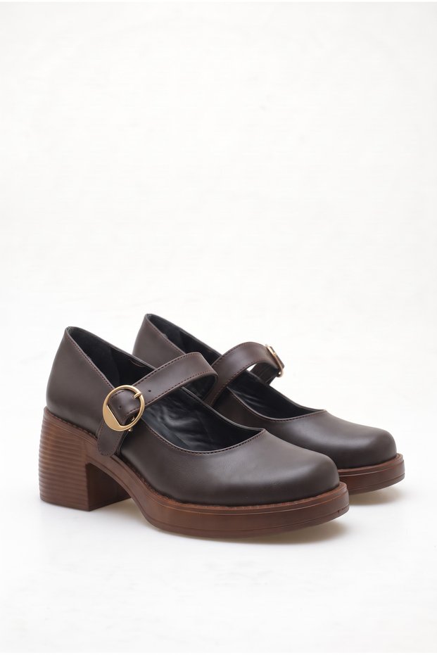 Women's Special Design Platform Heeled Elegant Buckle Strap Ballerina Dark Brown Loafer Moccasin Shoes
