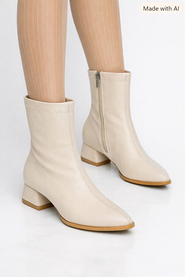 Women's Beige Soft Mid-Sewn Boots with Zipper and Short Heel for Daily Wear 600