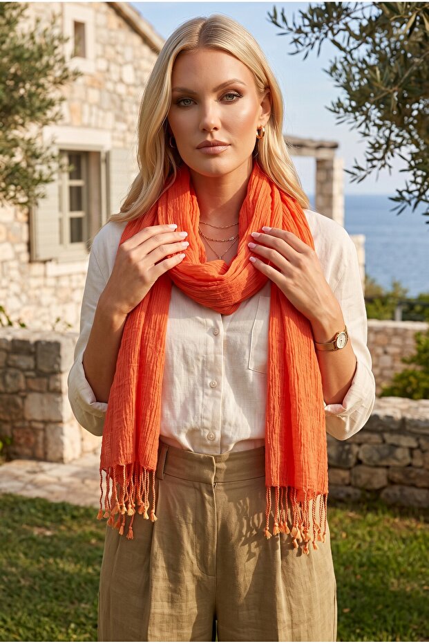 Unisex Orange Denim Grinding Cotton Scarf