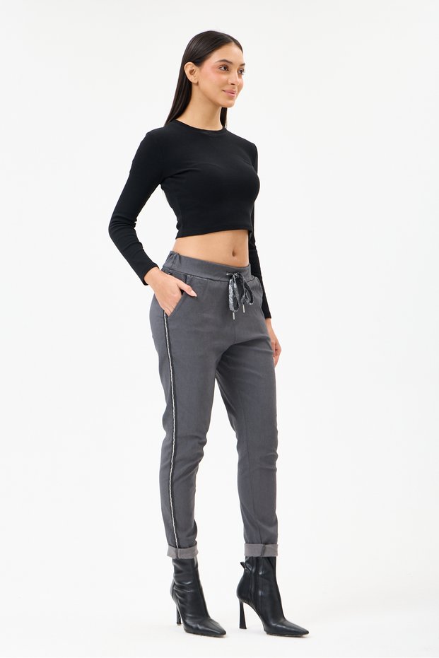 Women's Anthracite Italian Lycra Trousers with Stone Stripes on the Sides, Sizes 38 - 48