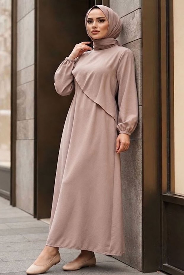 Asymmetrical Volan Detailed Tie-Waist Dark Beige Hijab Dress 24570Kbej