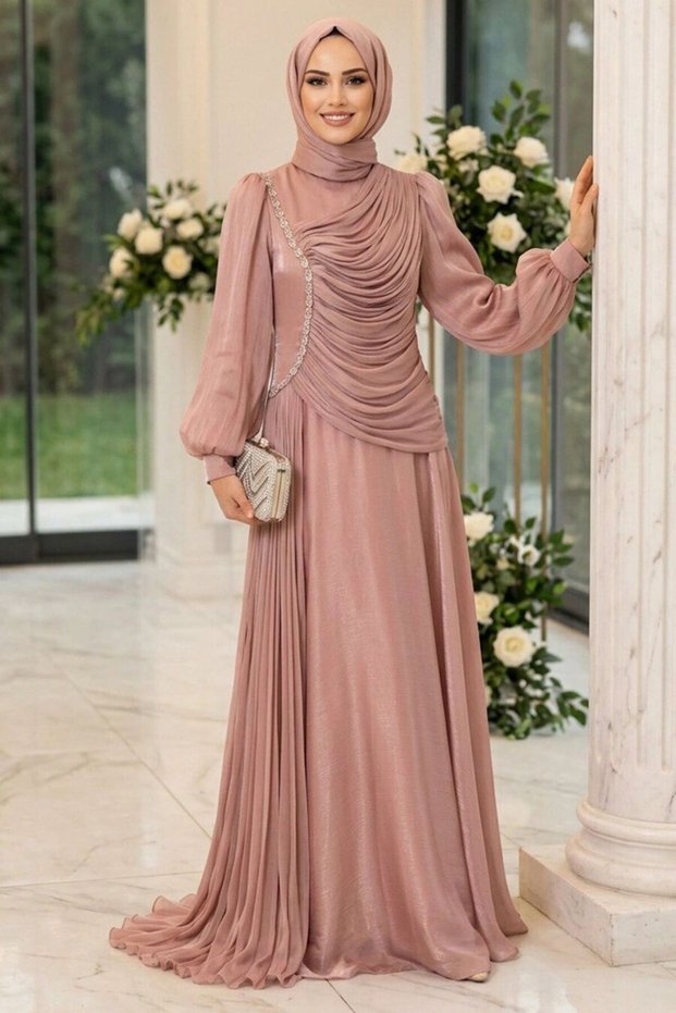 Sparkling Light Rose Draped Hijab Evening Dress 57091Agk