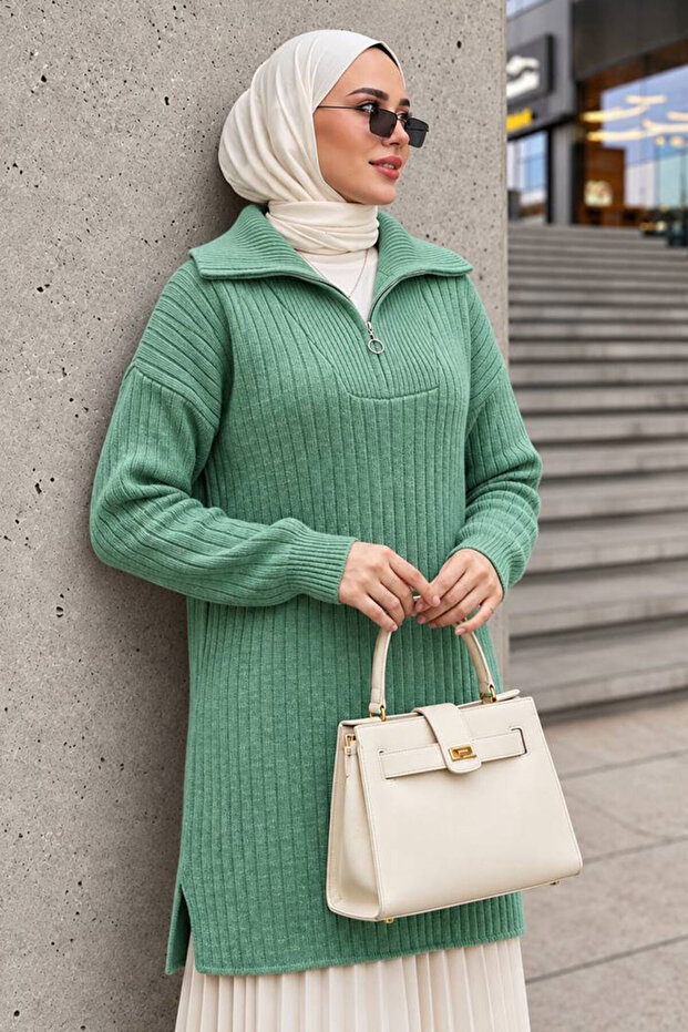 Corded Fabric Mint Tesettür Knitwear Sweater Tunic 85521Mint
