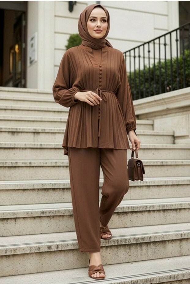 Pile Detailed Chocolate Hijab Two-Piece Set 19031CK