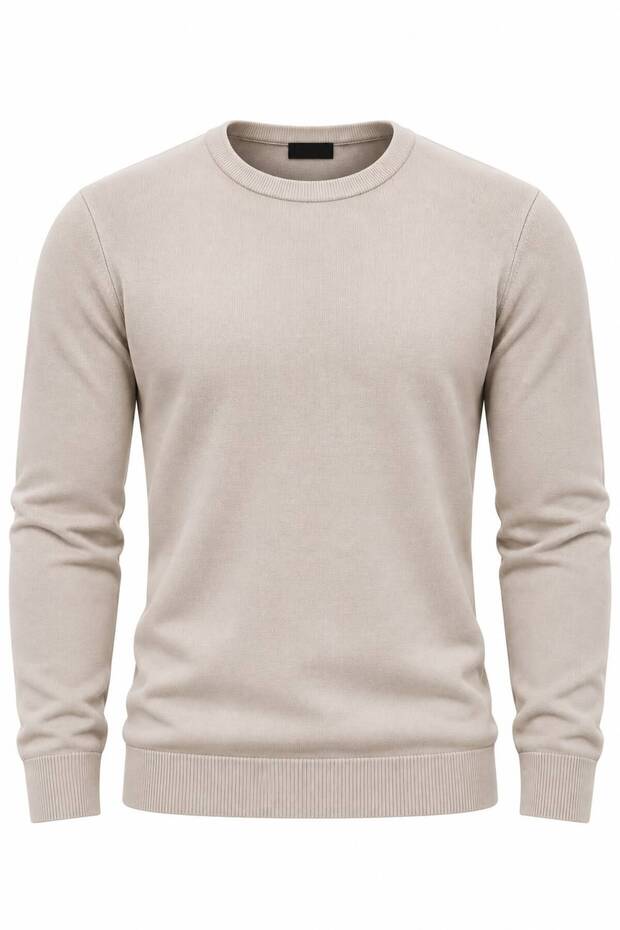 Men's Slim Fit Beige Crew Neck Cotton Blend Knit Sweater