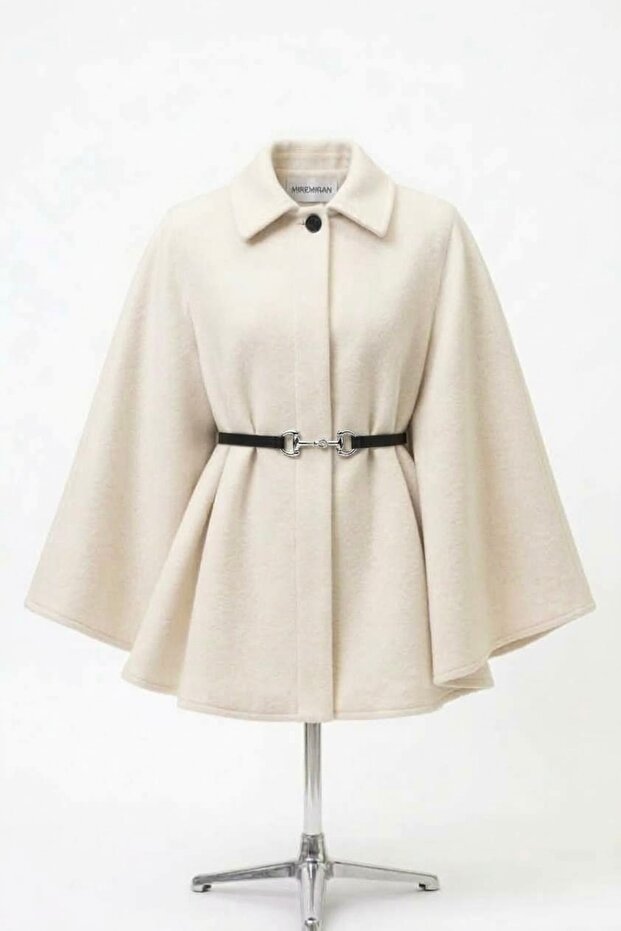 Cloak Poncho with Belt Product Length 77cm Wool Cloak 2026002 Cream