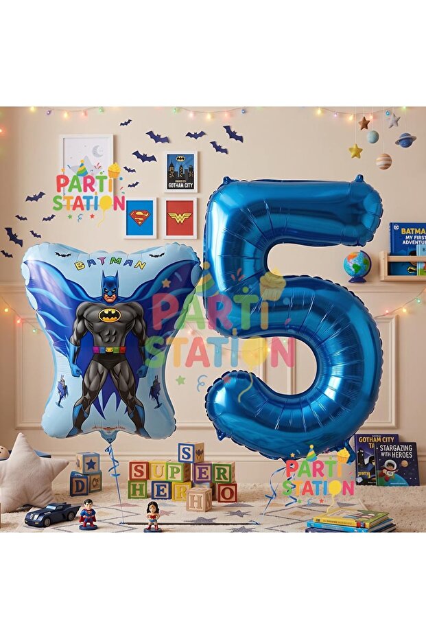 Batman Concept 5 Year Old Balloon Set Batman Bat and Navy Blue Number Balloon Birthday Balloon Set