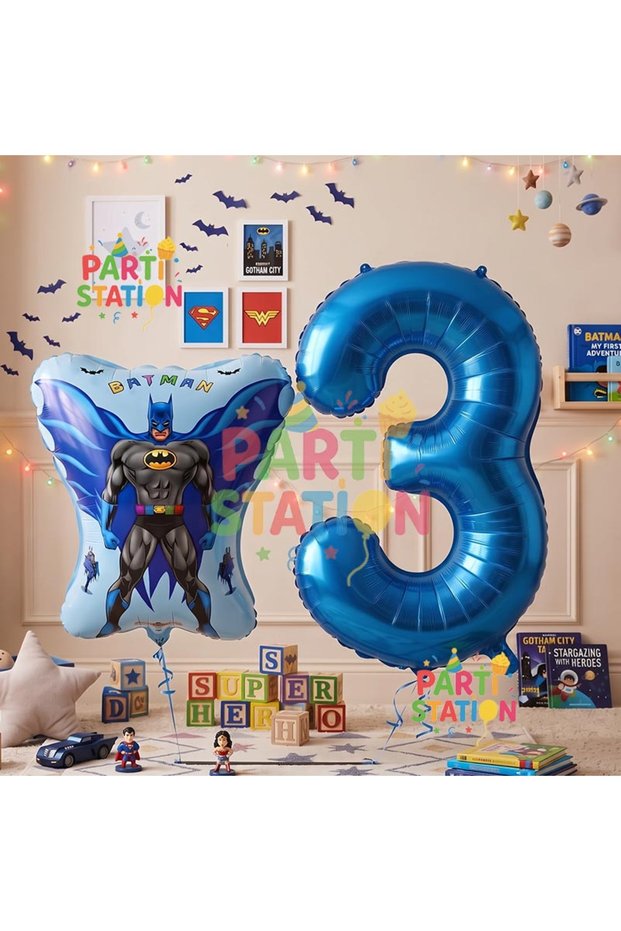 Batman Concept 3 Years Old Balloon Set Batman Bat and Navy Blue Number Balloon Birthday Balloon Set