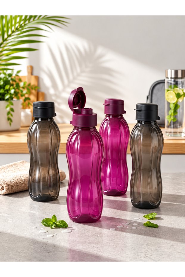 4-Pack Eco Bottle Water Bottle - Practical Lid Flask 4X 750 ml (2X) Black - (2X) Purple