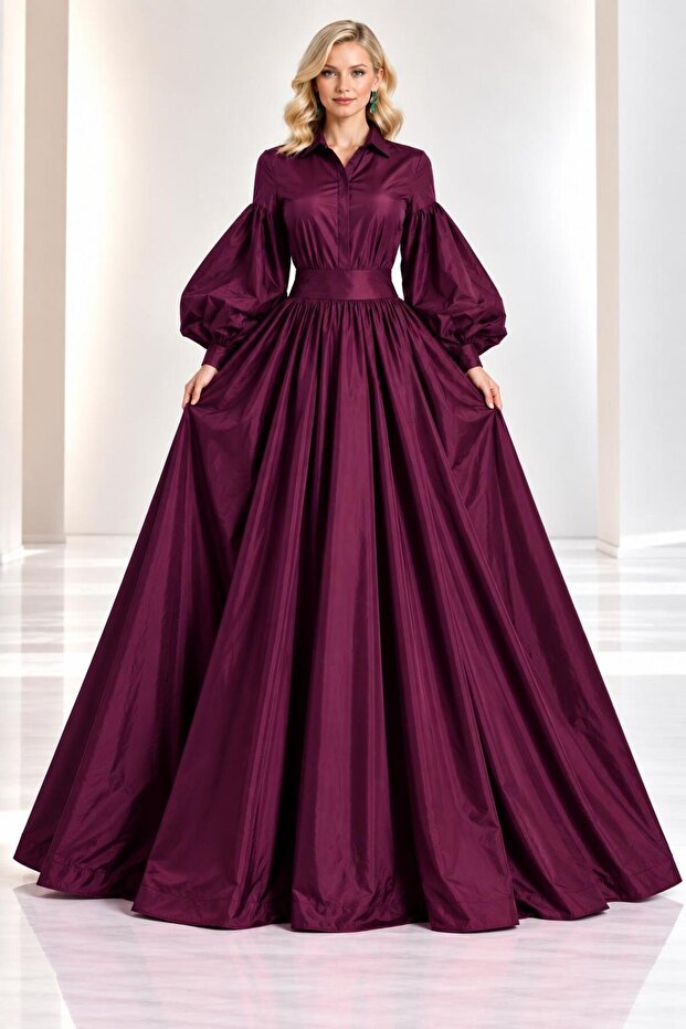 Maxi Boy Balloon Sleeves Stylish Taffeta Event Dress Cou-88