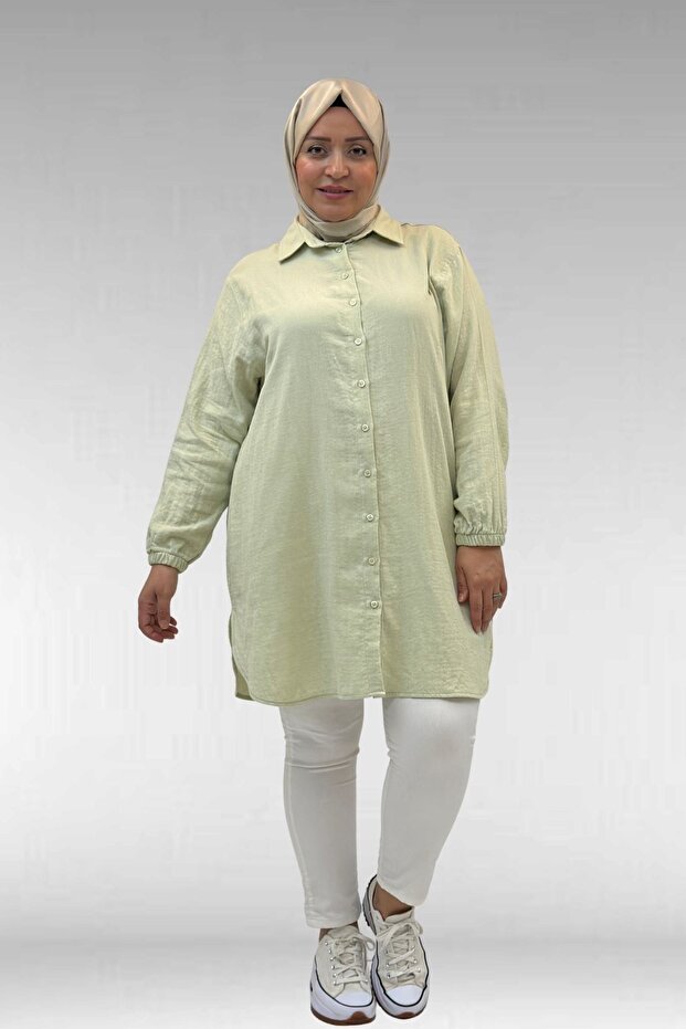 58091 Plus Size Muslin Shirt with Elastic Sleeves - Water Green