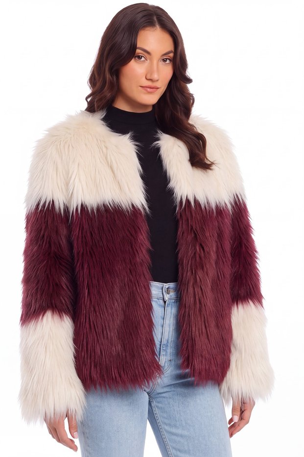 Women's Ombre Burgundy Color Gradient Plush Fur Jacket Coat