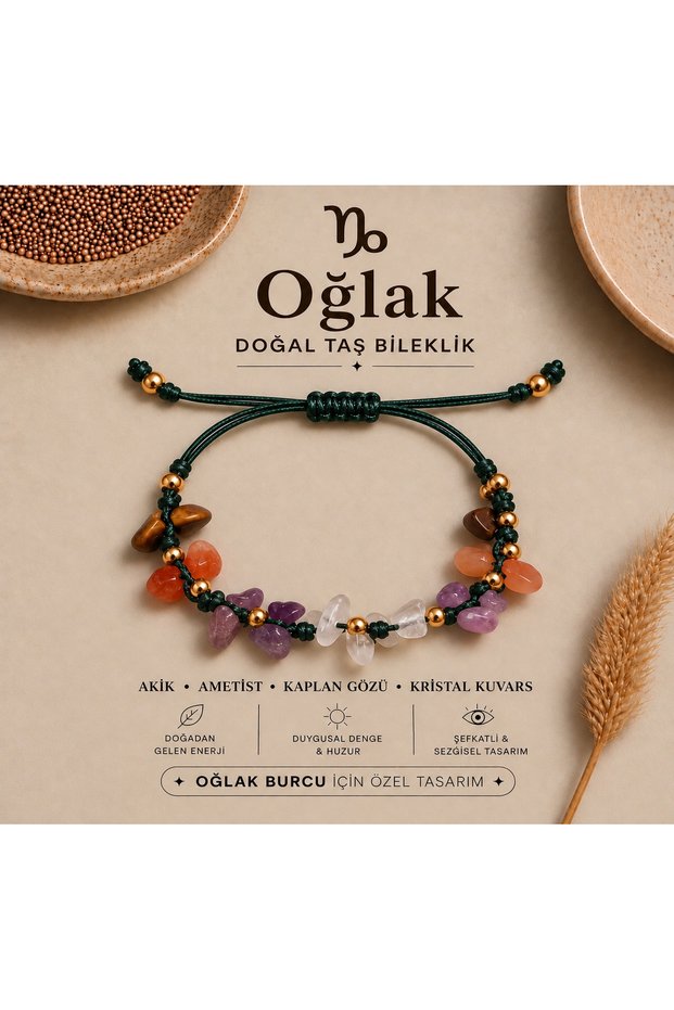 Capricorn Zodiac Sign Real Natural Stone Green Rope Braided Bracelet - Agate, Amethyst, Tiger's Eye, Crystal Quartz