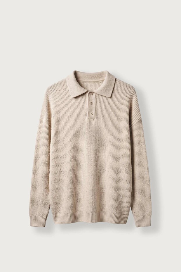 Men's Oversize Polo Collar Buttoned Ribbed Knit Sweater Stone Color
