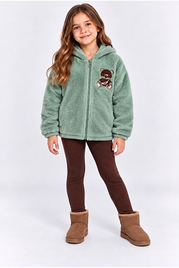 Girl's Plush Cardigan Hooded Zippered Teddy Bear Embroidered Soft Warm Coat Ak4128