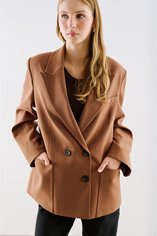 Belted Double-Breasted Pocketed Blazer Jacket Taupe