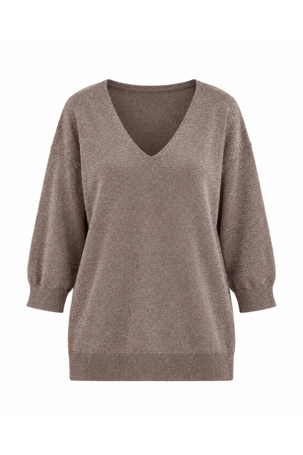 Mink Glitter V-Neck Three Quarter Sleeve Knit Sweater