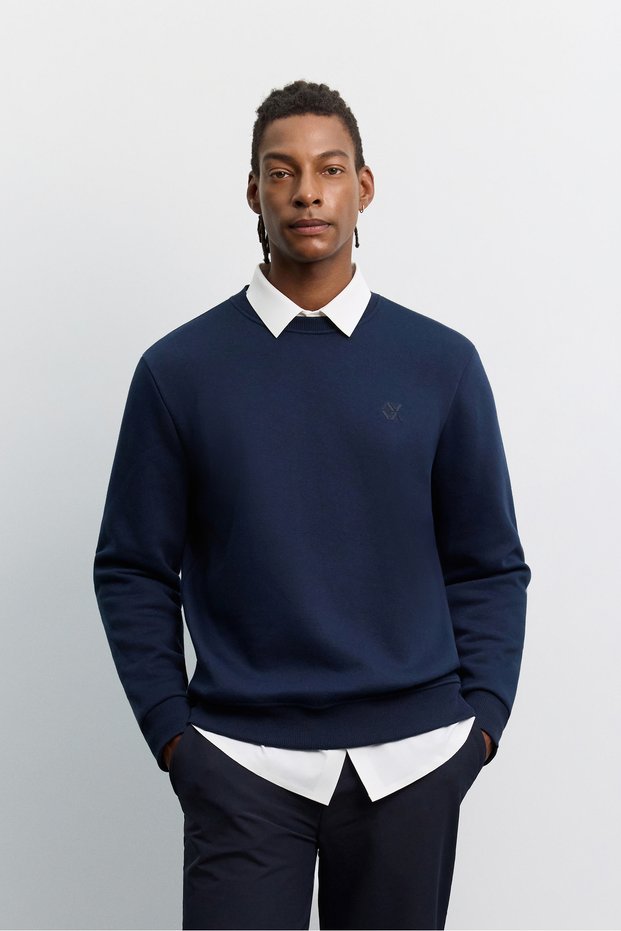 Men's Navy Blue Crew Neck 3 Thread Threaded -4 Degree Resistant Regular Fit Sweatshirt A62Y1291