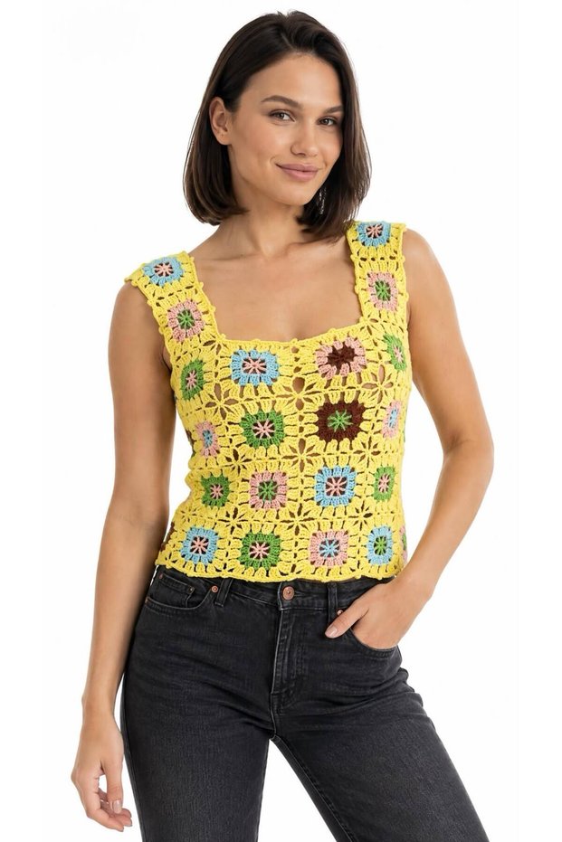 Hand Knitted Colorful Motif Strappy Women's Blouse Bady Sweater New Season Top Clothing