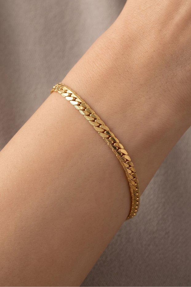 Ezme Hasır Model Flat Snake Gold Yellow Women's Men's Steel Bracelet Imprint Scb19Y