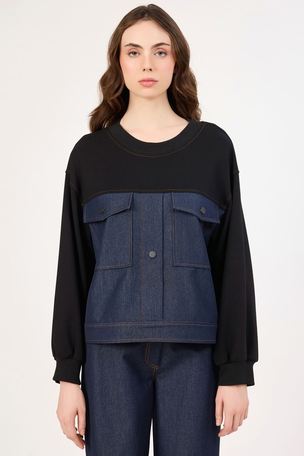Cep detaylı denim geçişli bluz