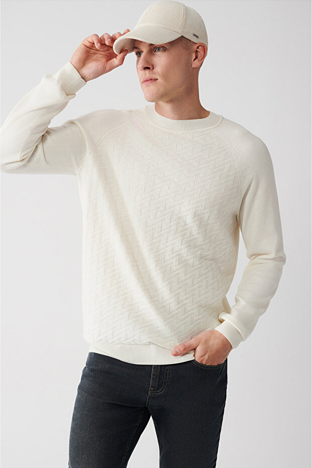 Men's Ecru Crew Neck Raglan Sleeve Knitwear Sweater A32Y5155