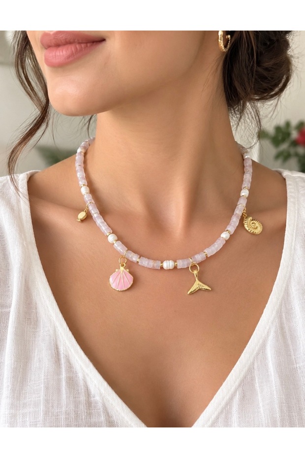 Pink Quartz Natural Stone Necklace – Elegant Women's Necklace with Pearl and Seashell Detail