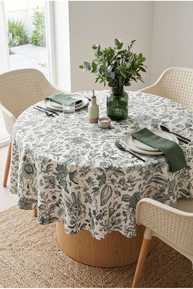 Stain-Resistant Tablecloth, Digital Printing Special Design Green Floral Non-Guipure Tablecloth