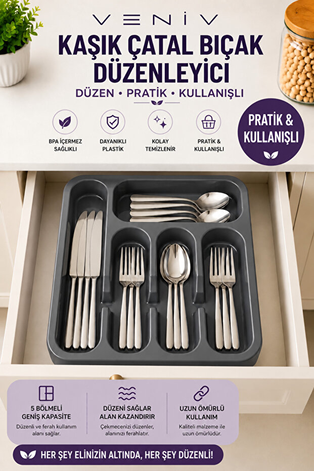 Spoon Fork Knife Organizer Dark Gray – 5 Compartment Drawer Organizer – Kitchen Cutlery Organizer