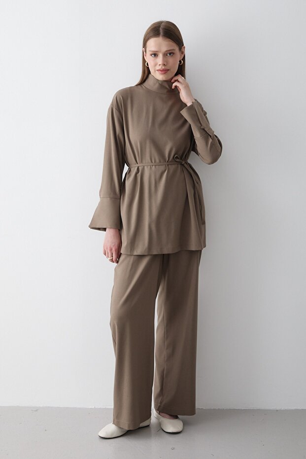 Women's Khaki Stand Collar Belted Tunic & Button Detailed Elastic Waist Pants Top & Bottom Set