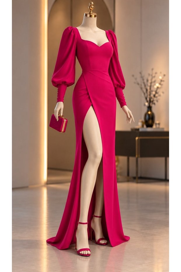 Balloon Sleeve Slit Detail Crepe Stretch Fabric Long Evening Dress Fuchia 581913