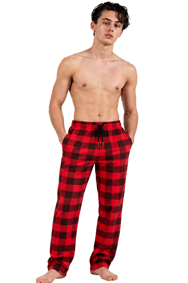 Men's Combed Cotton Long Pajama Bottoms with Six Pockets, Plaid Cotton - Red Economic Package