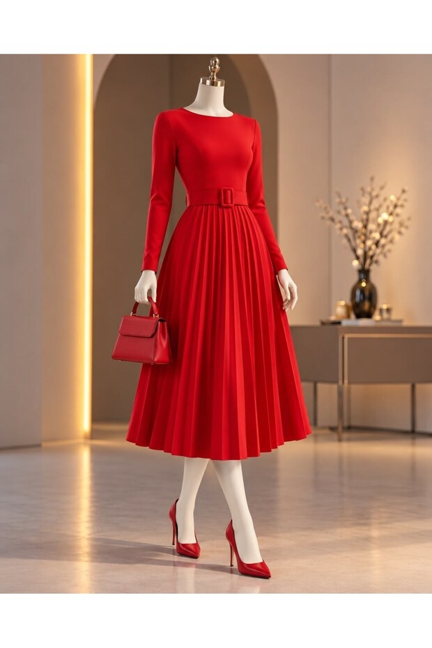 Pleated Belted Midi Length Evening Dress 582644 Red