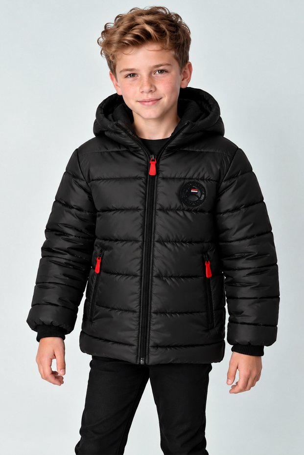 Boy's Windproof Thick Inside Eylaf Filled Black Hooded Coat
