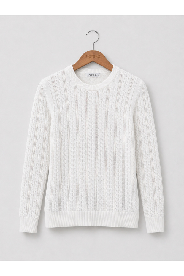 Women's 100% Cotton Hair Knit Crew Neck Knitwear Sweater - White