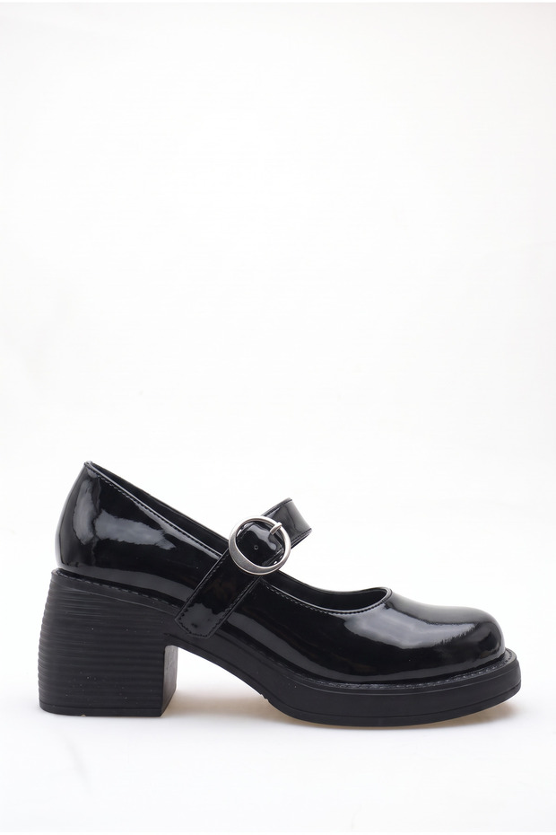 Women's Special Design Platform Heeled Elegant Buckled Straps Ballerina Black Patent Leather Loafers Moccasin Shoes