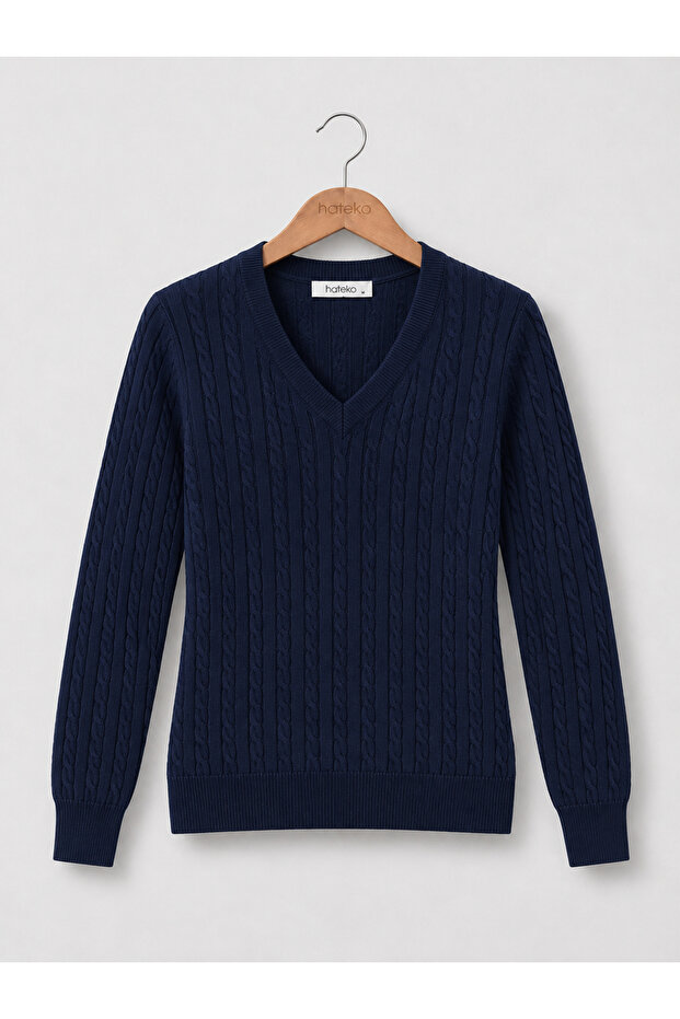 Women's 100% Cotton Hair Knit V-Neck Sweater - Navy Blue