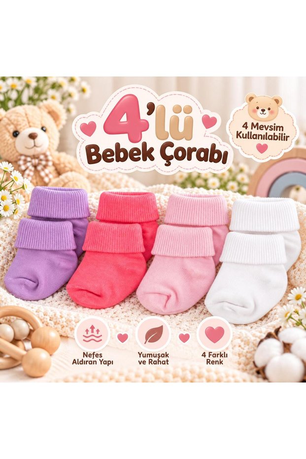 4-Piece Bamboo Baby Socks, Newborn Baby Socks, Girls Boys, White Pink Ecru