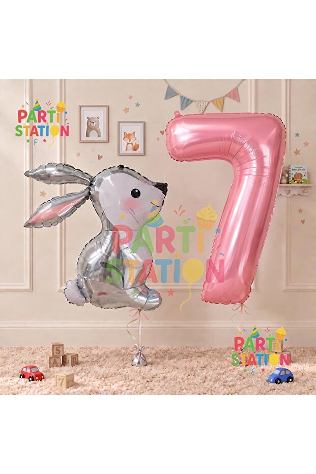 Rabbit Pink 7 Year Old Balloon Set Foil Set Rabbit Concept Birthday Set Age Balloon Set