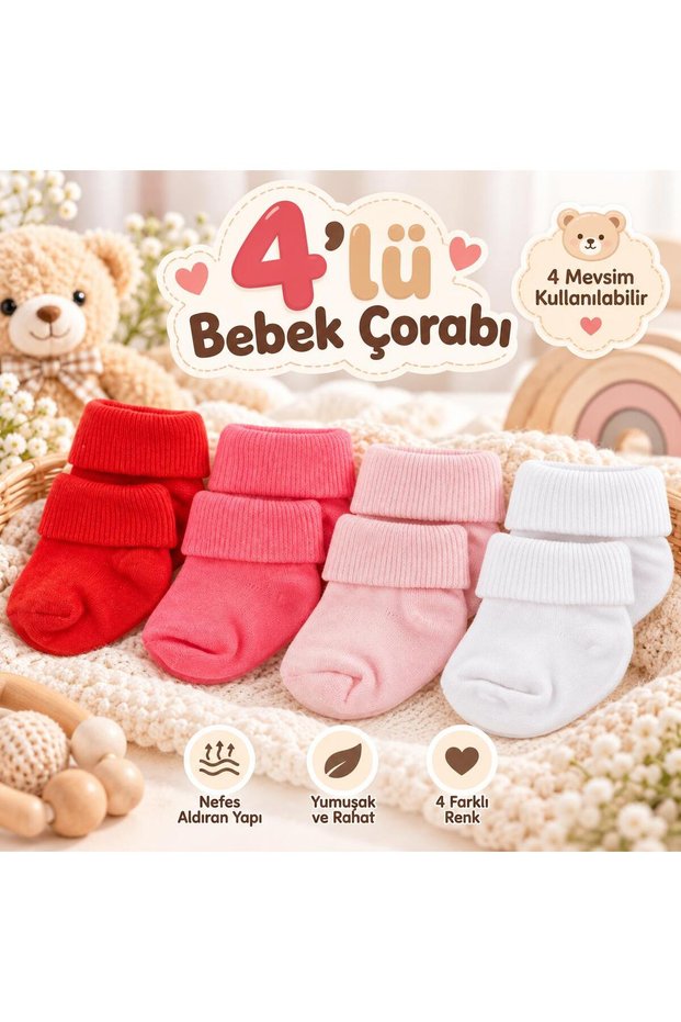 4-Piece Bamboo Baby Socks, Newborn Baby Socks, Girls Boys, White Pink Ecru